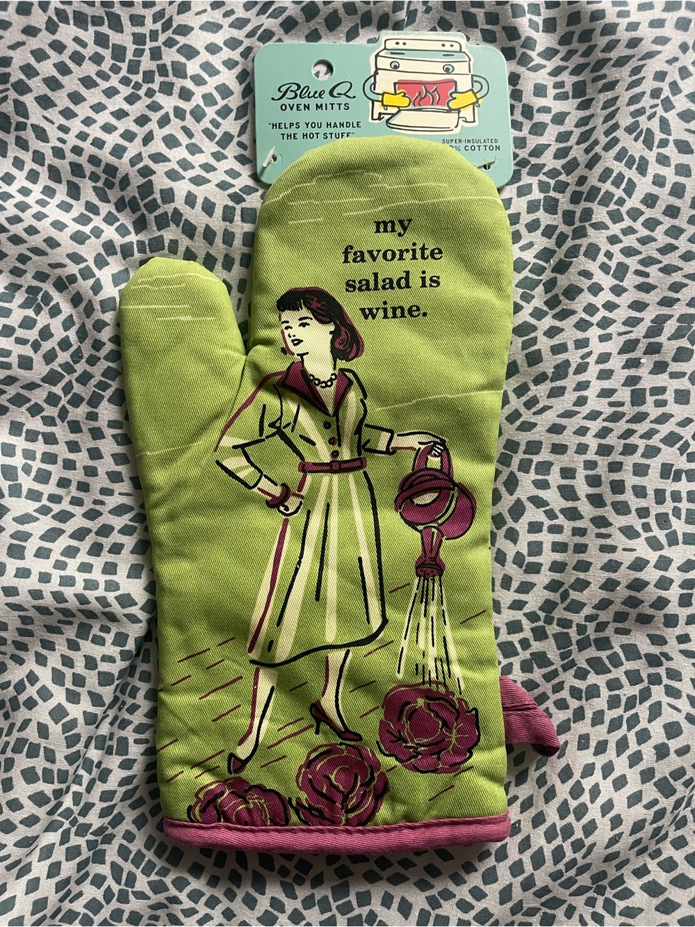 Blue Q Lime Green Oven Mitt with Pink Accents and Retro Woman Print